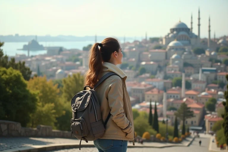 Jeune femme contemplant la vue sur Istanbul avec ses monuments